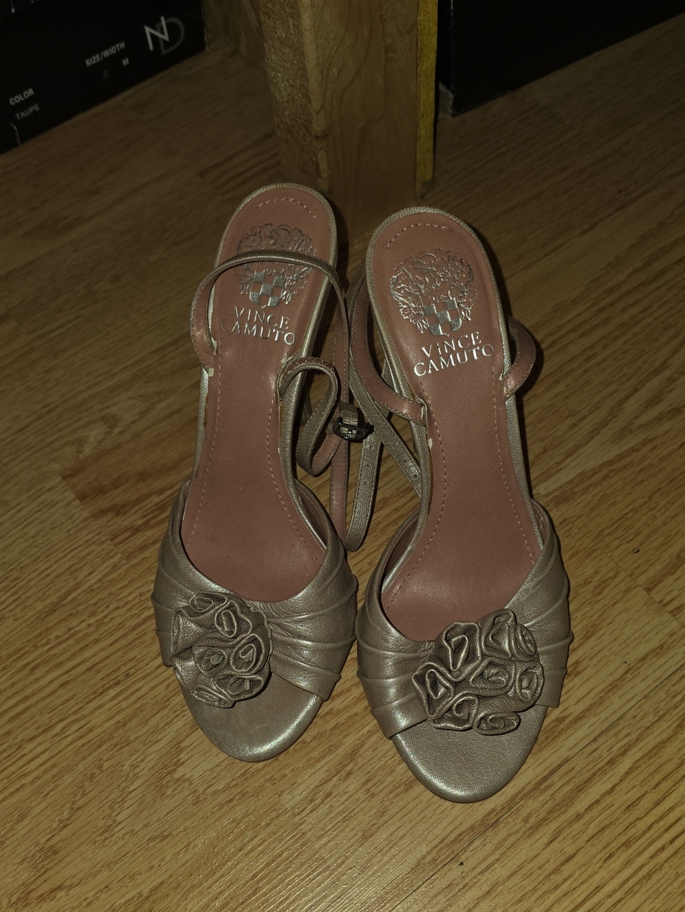 Vince Camuto Metallic Rose Taupe Open-Toe Slingback Heels with Rosette